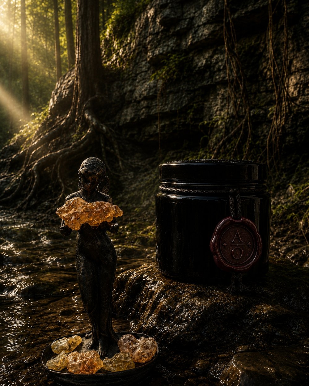 An Aurum jar and frankincense resin offering, golden hour light through the Ozark trees